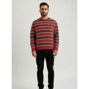 Men's American Eagle Striped Sweater Red Brown Med Crewneck Embroidered Logo Y2K